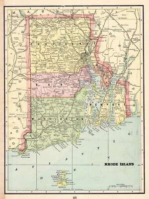 Antiguo mapa estatal de RHODE ISLAND de 1898 George Cram mapa atlas de Rhode Island 1664 Foto 1 de 4