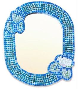 Beach Blues, Teal & Green Abstract Folk Art Tile Mosaic Wall Mirror 24" x 20" - Picture 1 of 6