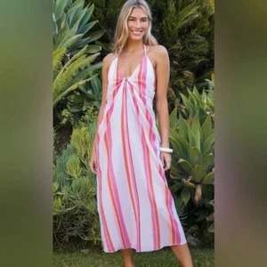 New Trina Turk Striped Plunge Halter Cover-up Dress Lg Beach Resortwear Travel - Picture 1 of 5