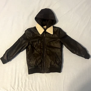 Kids Faux Leather Bomber Jacket, Dark Brown, Size 6/7 - Picture 1 of 10