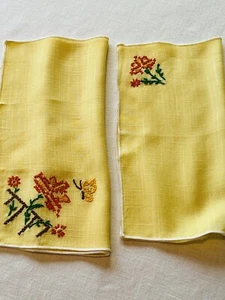 vintage 2 hand embroidered handkerchief yellow with Orange Flowers. - Picture 1 of 5