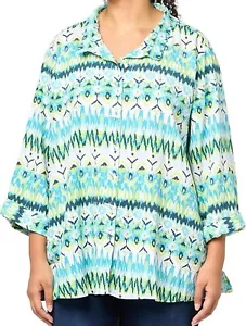 NEW Plus Size 1X Ali Miles Printed Linen Button Front Shirt 3/4 Cuffed Sleeve - Picture 1 of 13
