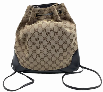 Auténtica Mochila Gucci 003.0249 GG Lona Cuero Beige Negro Cordón NS101792 Foto 1 de 4
