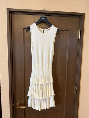Christian Dior Elfenbein Ärmellos Kleid Strick Rüschen Knielang Freizeit von ... - Bild 1 von 4