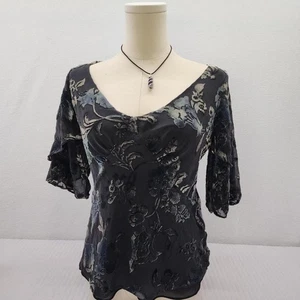 Nine West Blusa Floral Terciopelo Negro Burnout Con Mangas Transparentes Talla Mediana - Imagen 1 de 6