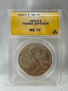 1993 P Thomas Jefferson Commemorative Dollar,  ANACS MS 70,  $1  - Picture 1 of 6