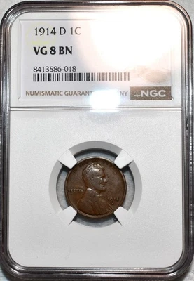 NGC VG-8 BN 1914-D Lincoln Cent, Attractive, Evenly Circulated, Key-Date! - Image 1 of 2