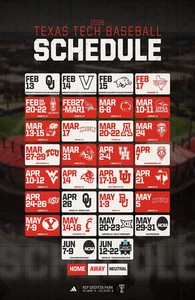 Texas Tech Red Raiders Baseball 2026 Spielplan Poster 11x17" Texas Tech Baseball - Bild 1 von 3