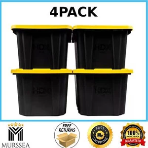 HDX 27 Gal. Tough Storage Tote in Black with Yellow Lid 4 Pack , New - Picture 1 of 16