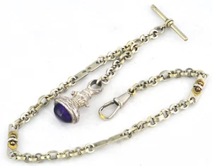 Antique Silver Pocket Watch Chain Set With Cabochoun Amethyst Seal Fob 27 Grams - Picture 1 of 7