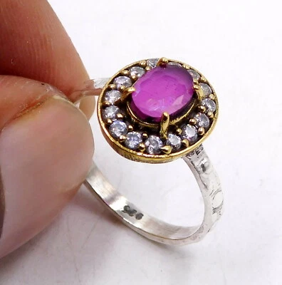 2.30 Gm 925 Sterling Silver Ruby Lab created Cut Two Tone Ring Size 7" Us J-630 - Image 1 of 2