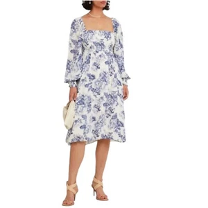 o.p.t Anthropology Smocked Midi Dress M Blue White Toile Cottagecore Feminine - Picture 1 of 16