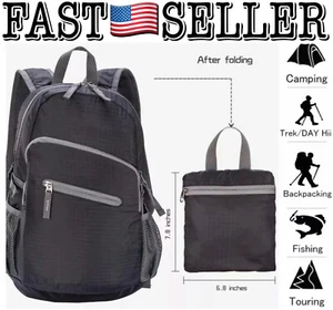 Lightweight 8oz Hiking Foldable Backpack Fold UP Back Pack Water Resistant Black - Picture 1 of 8