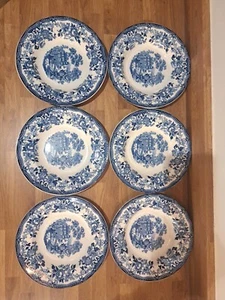Tonquin by Alfred Meakin 6 X Soup Bowls / Plates Made Staffordshire Blue White - Picture 1 of 17