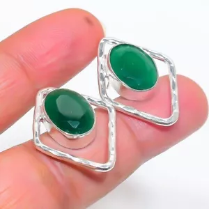 Green Onyx Gemstone Handmade 925 Sterling silver Stud Earring Size 1.1'' - Picture 1 of 1