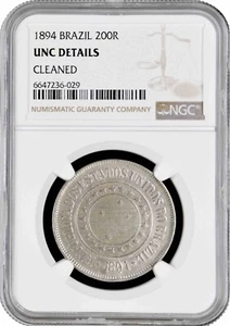 Brazil 200 reis 1894, NGC UNC Det., "First Republic (1889 - 1942)" - Picture 1 of 2