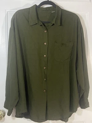 Avenue Women's Plus Shirt Linen Green 26/28 Top Button Long Sleeve Collar - Image 1 of 4