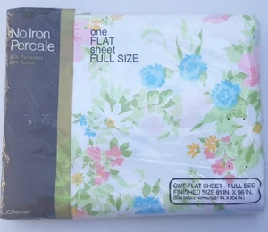 Vintage JCPenney Full Flat Sheet Floral Pink Blue Yellow Green Flowers 81"×96" - Picture 1 of 7