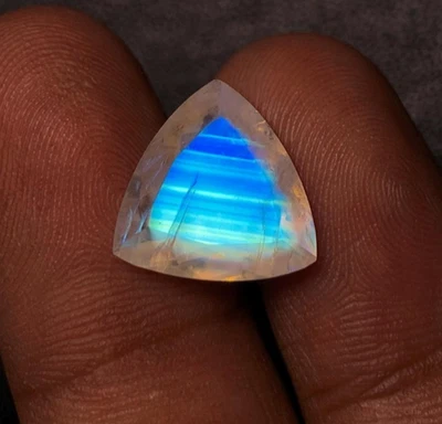 8A Quality Rainbow Moonstone Amazing Blue Falshy Fire Cut Trillion Shape 13 MM - Image 1 of 4