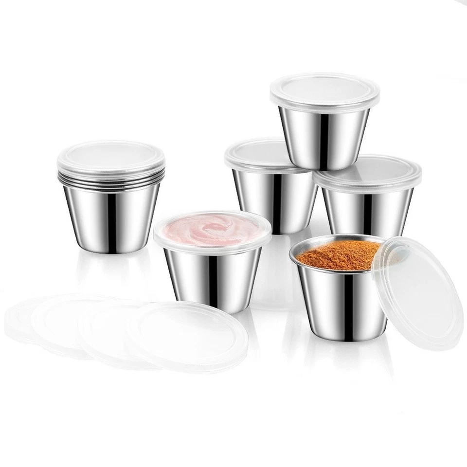 8PCS Leakproof Stainless Steel Sauce Cups with Clear Lids for Dips and Snacks - Image 1 of 4