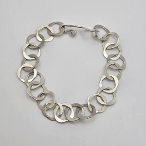 Pulsera de eslabones de plata de ley cadena plana artesanal modernista brutalista de colección - Imagen 1 de 14