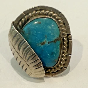 NATIVE AMERICAN HALLMARKED NAVAJO STERLING & TURQUOISE FEATHER RING - Bild 1 von 6