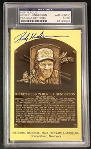 Rickey Henderson Signed Gold HOF Plaque Postcard Yellow NYY Autograph PSA/DNA TB - Picture 1 of 2