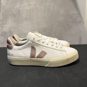 Veja Campo Leather Shoes Womens Size 8 White Rose Gold Low Top Lace Up Sneakers - Picture 1 of 10