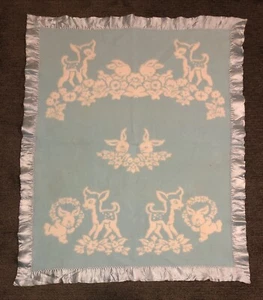 VTG Double Sided Baby Blanket White Blue Satin Trim Deer Bunnies 50s 60s No Tag - Picture 1 of 12