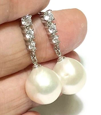 Hermosos pendientes colgantes redondos de perlas cultivadas blancas naturales Edison de 10 a 10,5 mm Foto 1 de 4