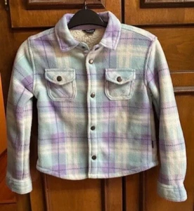 GIrls Eddie Bauer Blue Purple Plaid Fleece Sherpa Lined Shacket Kids Size 6/6X - Picture 1 of 12