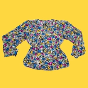 Vintage 90's Floral White Multi-Color Long-sleeve Funky Blouse Shirt Top Medium - Bild 1 von 4