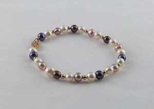 14KT massives Gelbgold Perlen und echtes Süßwasserperlen Armband 7" gestempelt - Bild 1 von 1