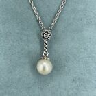 925 Sterling Silver Necklace faux pearl crystal flower drop pendant 19.5''