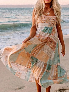 Abito midi cami collo quadrato stampa patchwork CE moda spaghetti strap marrone - Foto 1 di 11