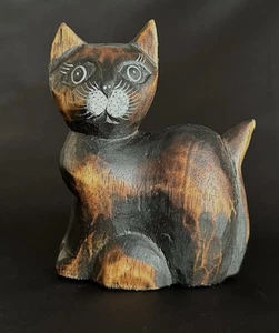 Hand Carved Hand Painted Solid Wood Curious Cat Figure Folk Art Decor Primitive - Picture 1 of 8