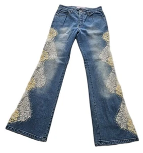 Sassy Thai Jeans Womens Embellished Beads Flowers Rhinestones Mid Rise 10 Flare  - Picture 1 of 14