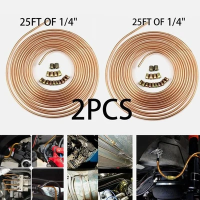 2Pcs Copper Plated Brake Line Tubing Kit 25 Ft Coil Roll 1/4 OD With 32 Fittings - Image 1 of 4