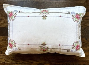 Handmade Cross Stitch Floral Pillow Cushion Farmhouse Cottagecore Decor 21x14 - Picture 1 of 7