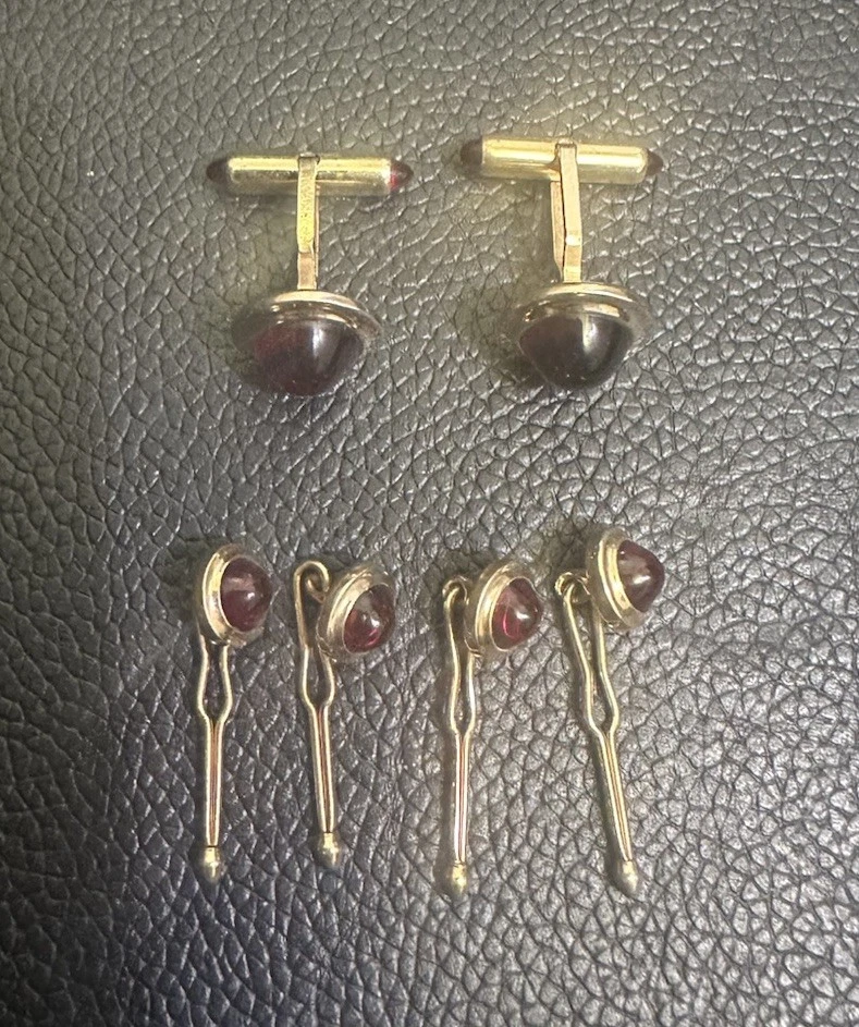 Krementz Art Deco Vintage Gold Plate Red Cufflinks Tuxedo Shirt Studs Full Set - Image 1 of 2