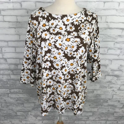 Croft Barrow Size 2X Shirt Top Floral 3/4 Sleeve Cotton Pullover Brown White NEW - Image 1 of 4