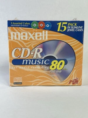 Maxell CD-R 15 Pack Music Disc 3 Colors Slim Jewel Cases 80 Minute New Sealed - Image 1 of 4