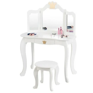 Kids Makeup Dressing Table & Stool Set Vanity Toddler Desk W/ Tri-folding Mirror - Picture 1 of 15