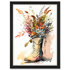 Spring Wildflower Bouquet in High Heel Army Boot Framed Art Picture Print A3