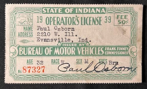 Vintage 1939 INDIANA Operators Drivers License EVANSVILLE Paul Osborn - Bild 1 von 2