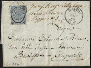 ITALIA 1865 Sc 34a TIPO II NAPOLI ATADO EN CARTA DOBLADA A CAPRUSO ESCRITO EN ITA - Imagen 1 de 3