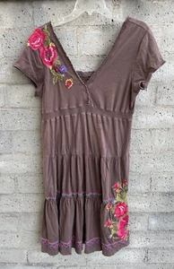 Johnny Was Floral Dress Women's Above Knee blouse Brown S/S Ruffle RARE L USED - Picture 1 of 13