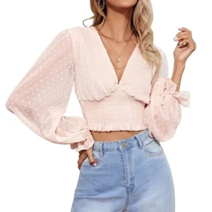 Women's Shirt Slim High Waist Sexy Deep Tunic V-neck Blouse Long Puff Sleeve - Bild 1 von 7