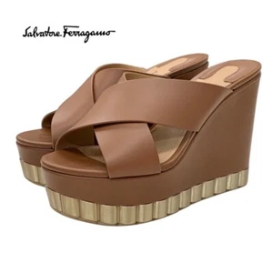 Ferragamo Sandals Shoe Leather Brown Mule Wedge Sole Women's Used - Picture 1 of 10