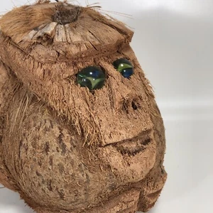 Vintage Tiki Carved Coconut Monkey 🐒 Marble Eyes - Picture 1 of 6